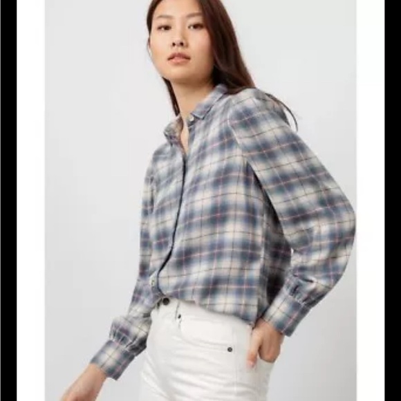 Rails Tops - Rails Angelica Shirt XS Plaid Flannel Puff Sleeve Natural Marine Pink NWT